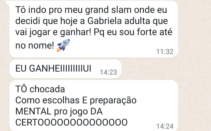 Mensagem de aluna comemorando vitória no grand slam